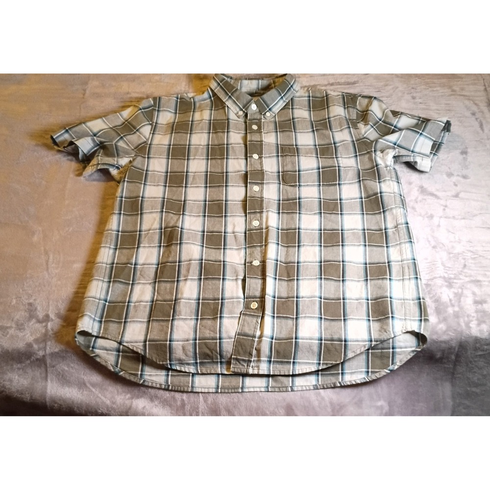 Outerknown Mens Large Organic Cotton Short Sleeve Plaid Button Down Shirt Olive